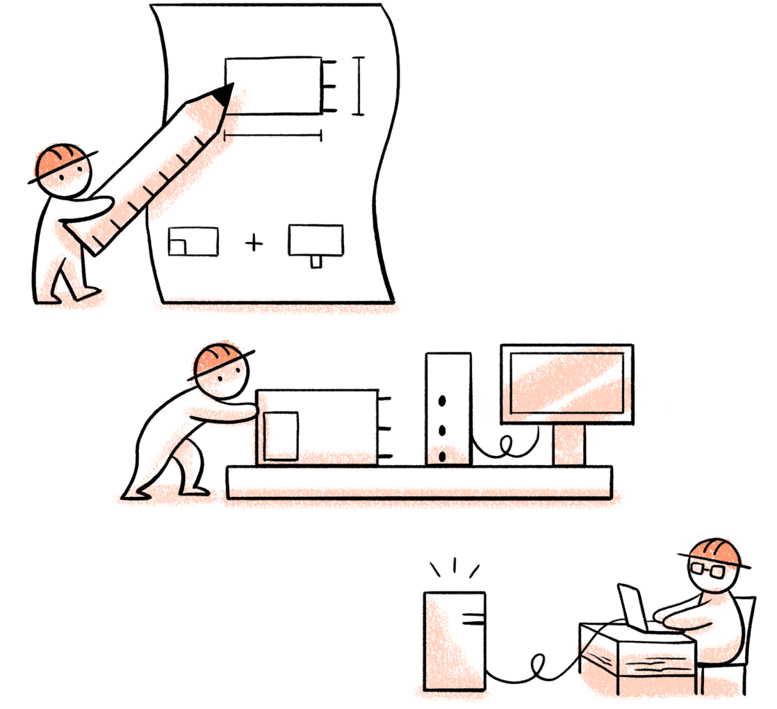 A person in a hardhat sketching a design.  A person in a
               hardhat pushing a realized version of that design into a
               device connected to a monitor; another person in a hardhat is
               connecting a server-like machine to the monitor.  A fourth
               hardhat person is working at a laptop, which is connected to
               the server.